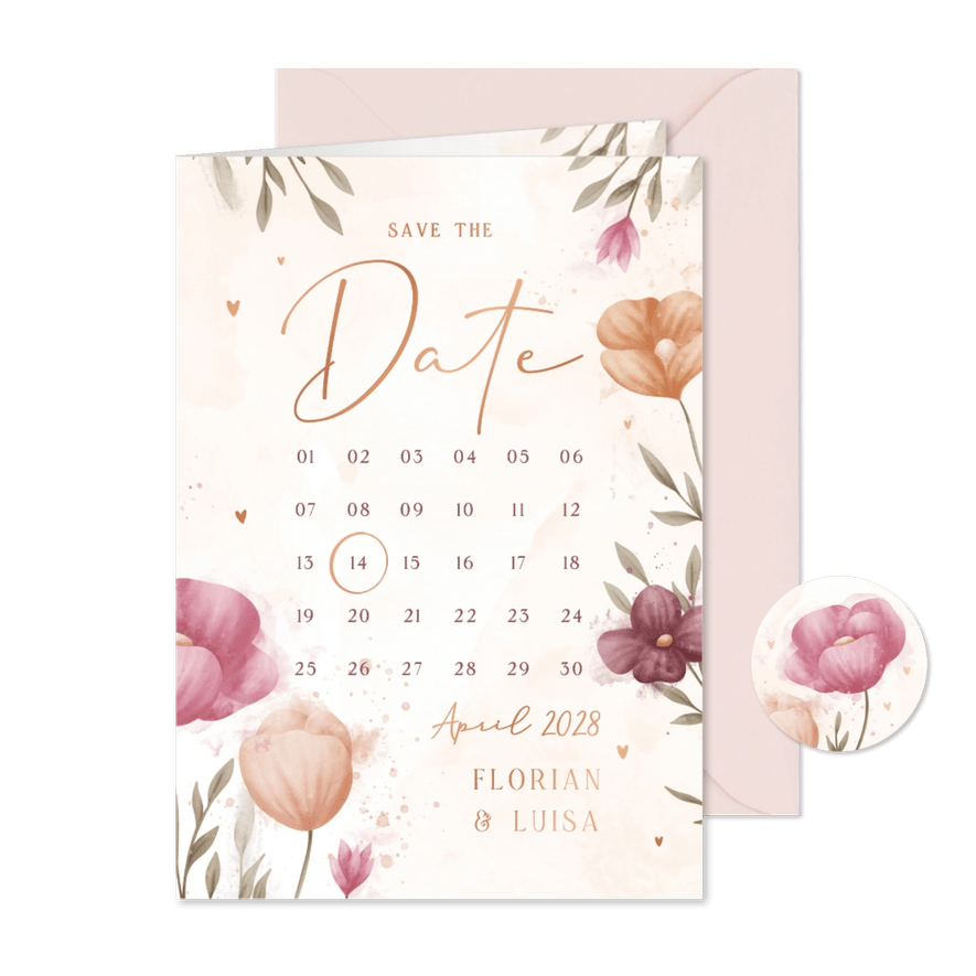 Kalenderkarte Save-the-Date elegante Blumen Aquarell - Karteneindruck