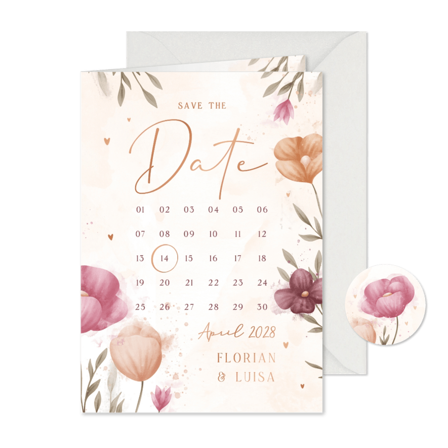 Kalenderkarte Save-the-Date elegante Blumen Aquarell - Karteneindruck
