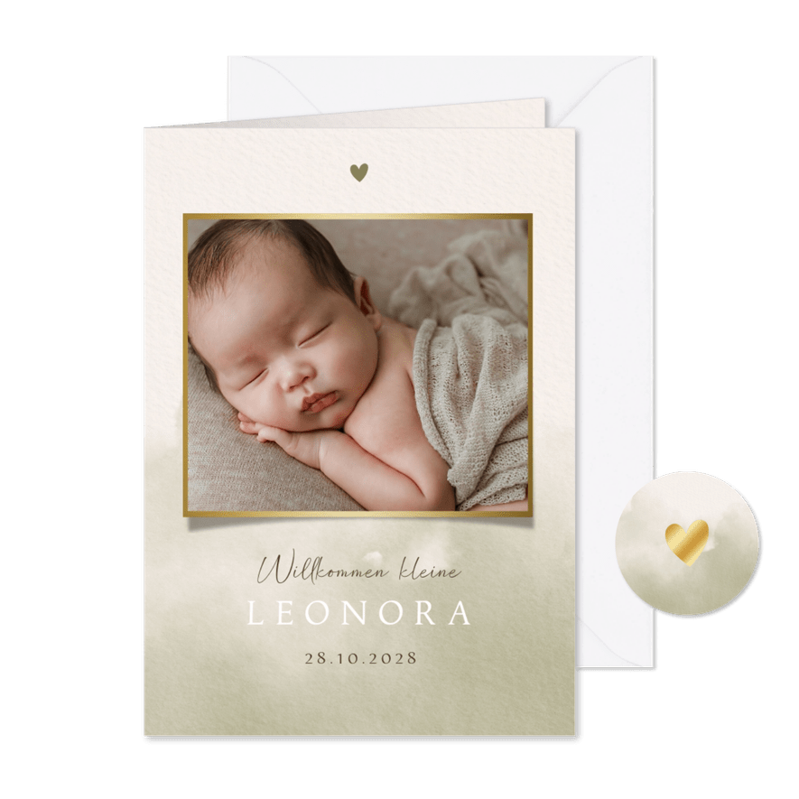 Karte Adoption oder Geburt olive Wasserfarbe & Fotos - Karteneindruck