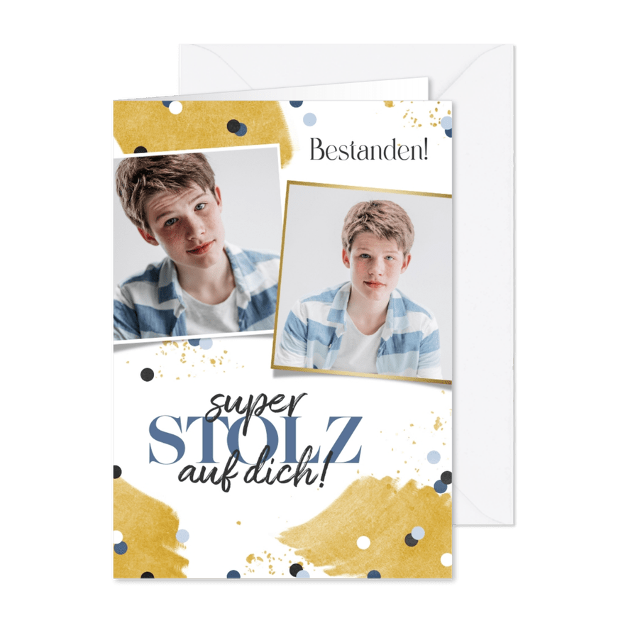 Karte 'Bestanden' blaue Konfetti mit Fotocollage - Karteneindruck