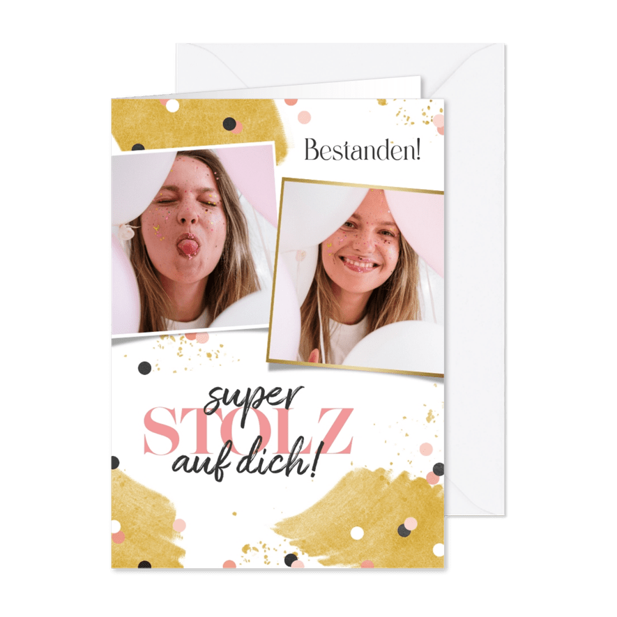 Karte 'Bestanden' rosa Konfetti mit Fotocollage - Karteneindruck