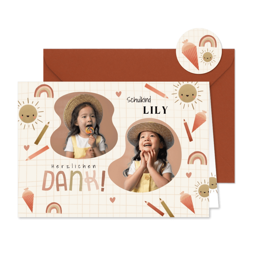 Karte Danke Einschulung kleine Symbole rostbraun & Fotos - Karteneindruck
