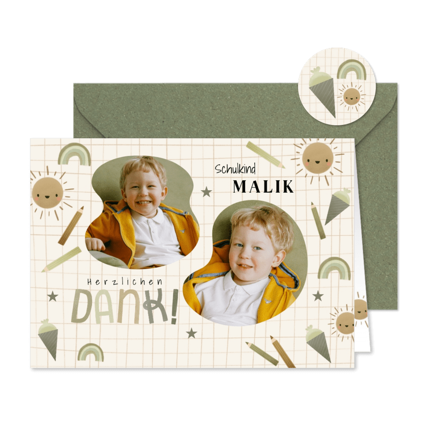 Karte Danke Einschulung olivgrün, Fotos & kleine Symbole - Karteneindruck