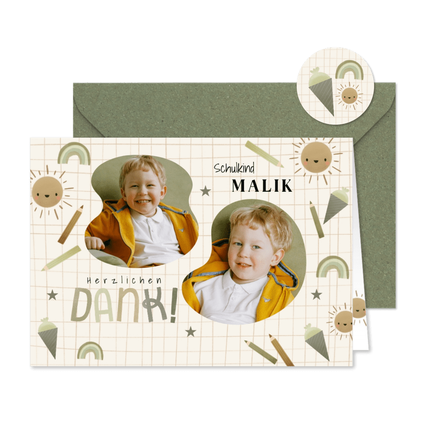 Karte Danke Einschulung olivgrün, Fotos & kleine Symbole - Karteneindruck