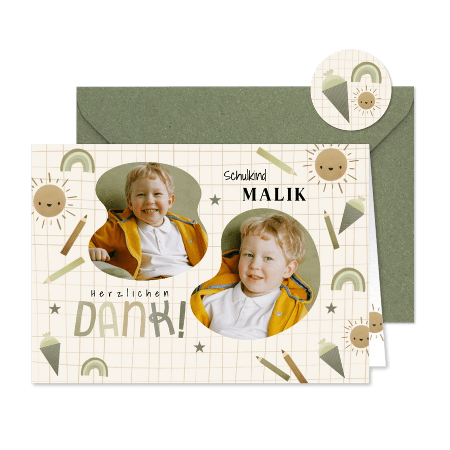 Karte Danke Einschulung olivgrün, Fotos & kleine Symbole - Kartenvorschau