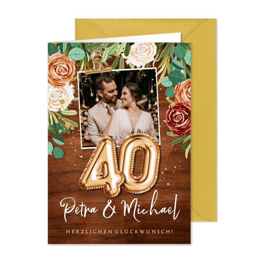 Karte Glückwünsche Robinhochzeit Rosen & Foto - Karteneindruck