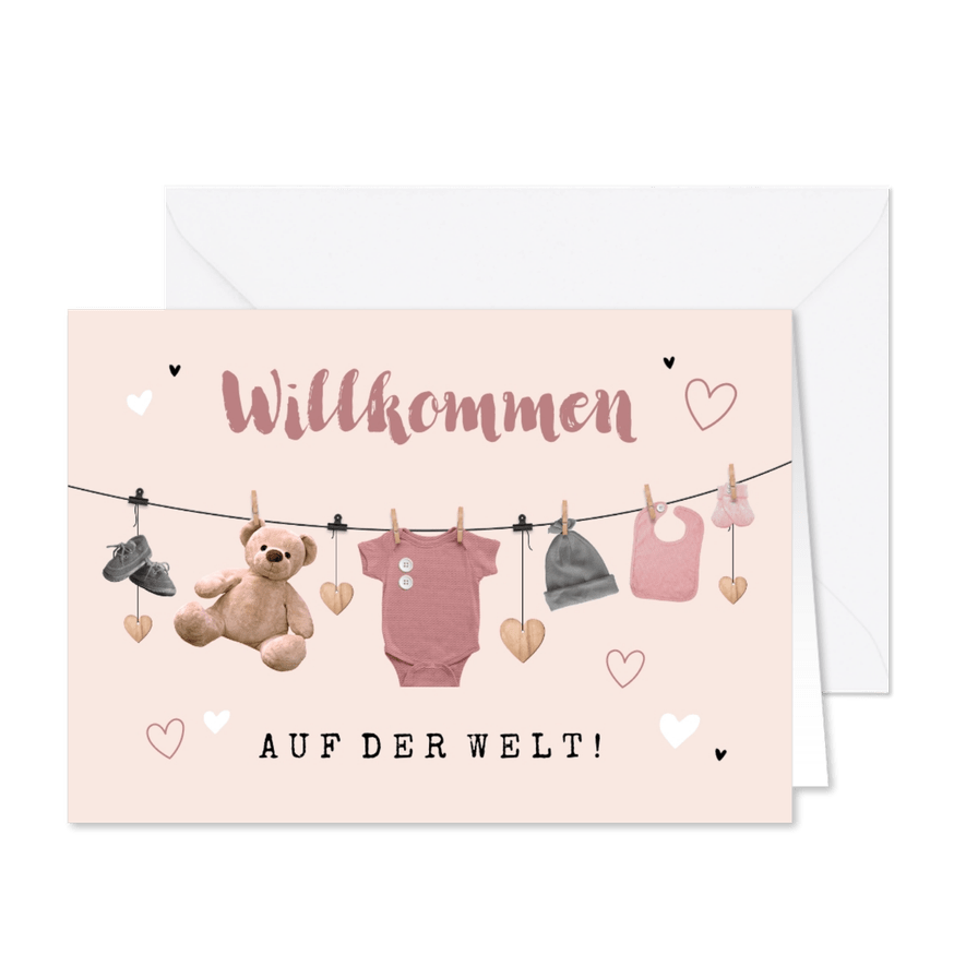 Karte Glückwunsch Baby Wäscheleine rosa - Karteneindruck