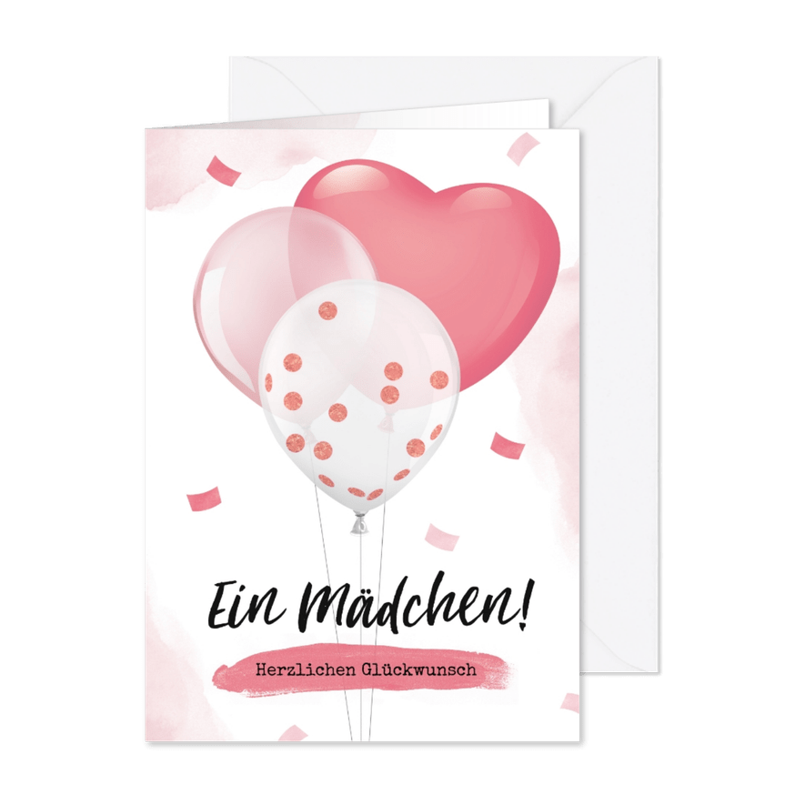 Karte Glückwunsch Geburt Mädchen Luftballons - Karteneindruck