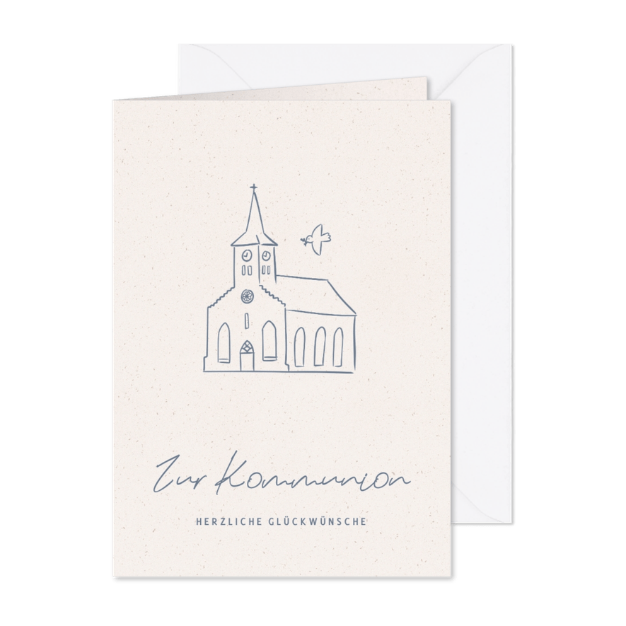 Karte Glückwunsch zur Kommunion mit Kirche und Taube - Karteneindruck