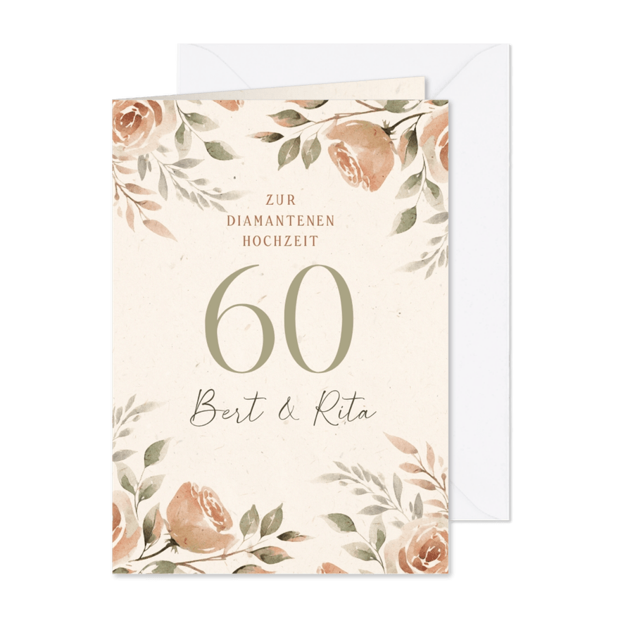 Karte Gratulation 60. Hochzeitstag Rosen in Aquarell - Karteneindruck
