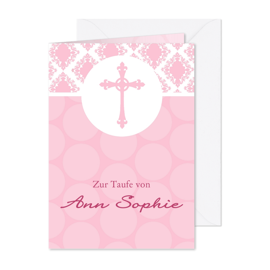 Karte Gratulation Taufe Kreuz klassisch rosa - Karteneindruck