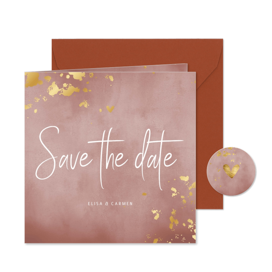 Karte Hochzeit 'Save the Date' Goldtupfen - Karteneindruck