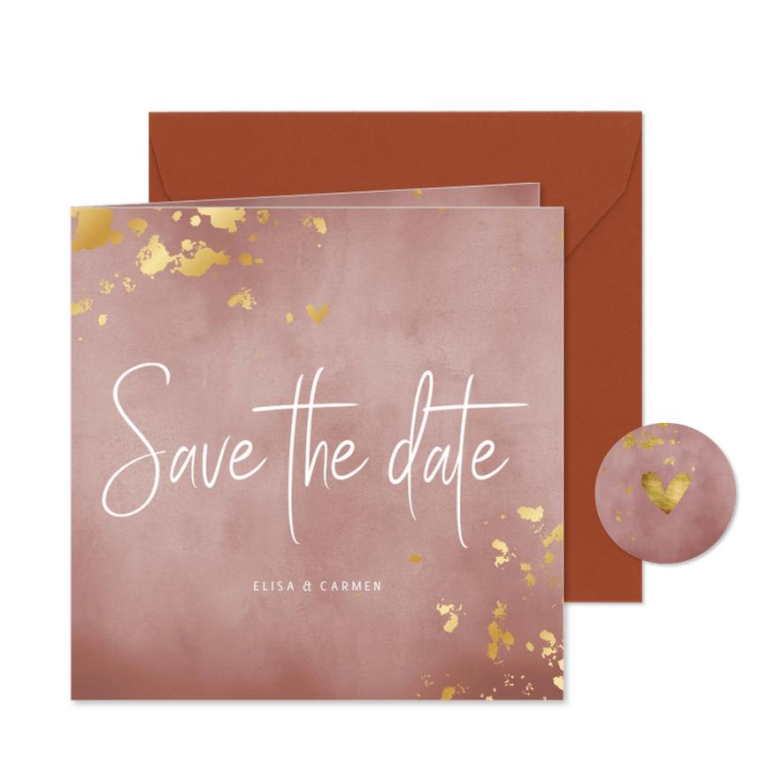 Karte Hochzeit 'Save the Date' Goldtupfen - Karteneindruck