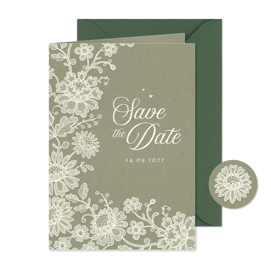 Karte Hochzeitstermin ankündigen romantisch Spitze olivgrün - Karteneindruck
