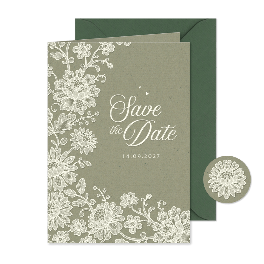 Karte Hochzeitstermin ankündigen romantisch Spitze olivgrün - Karteneindruck

