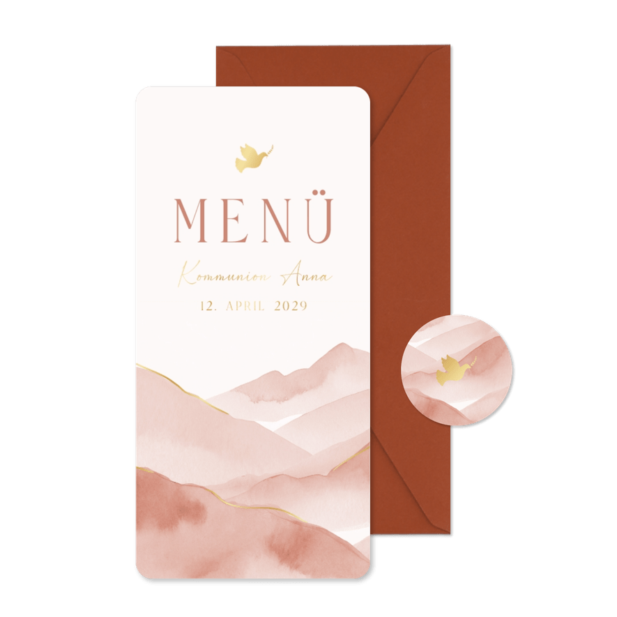 Karte Menü zur Kommunion Berge rosa Aquarell - Karteneindruck
