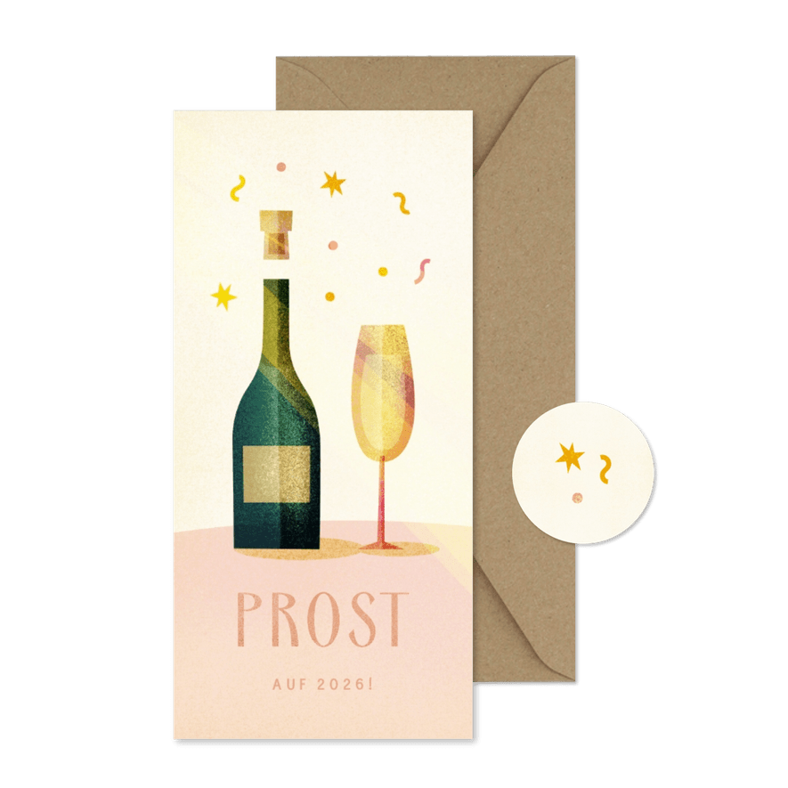 Karte Neujahrsgrüße Sektflasche & Sektglas - Karteneindruck
