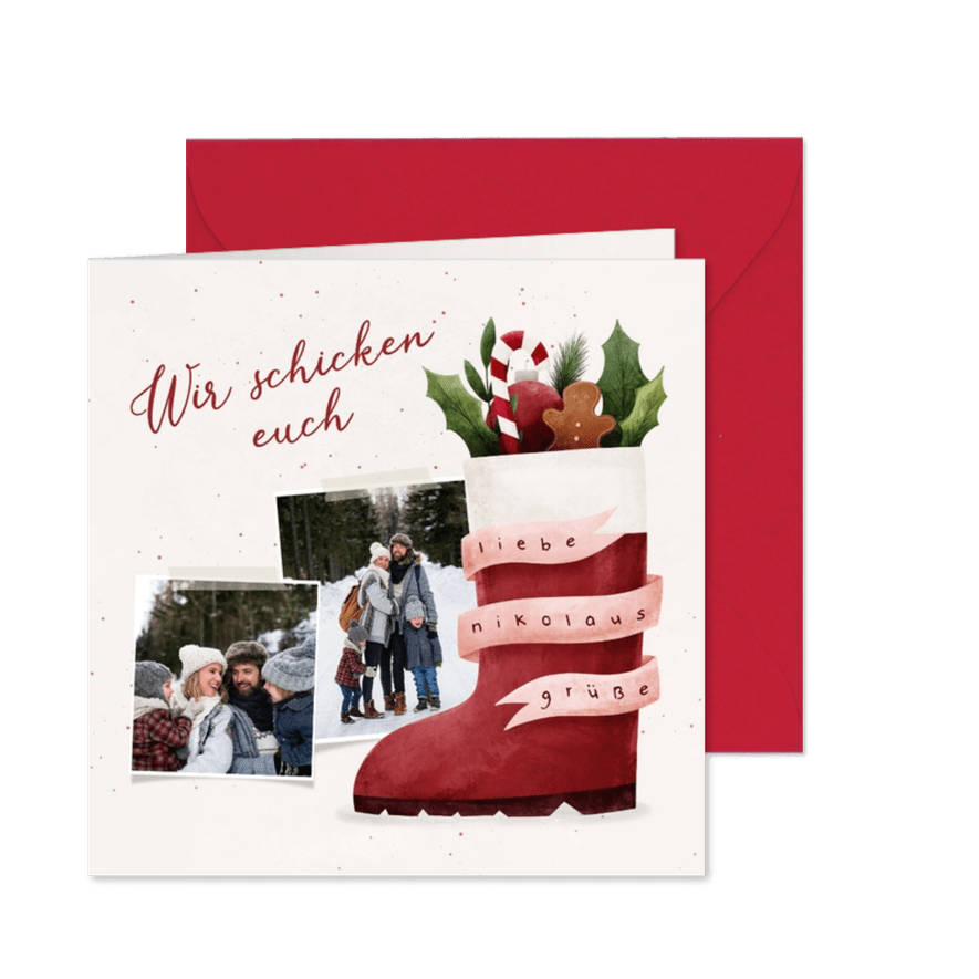 Karte Nikolausgrüße mit Fotos und Nikolausstiefel - Kartenvorschau
