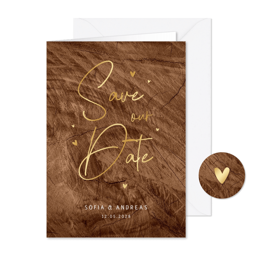 Karte 'Save our Date' Goldschrift auf Holz - Karteneindruck