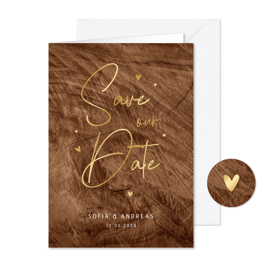 Karte 'Save our Date' Goldschrift auf Holz - Kartenvorschau
