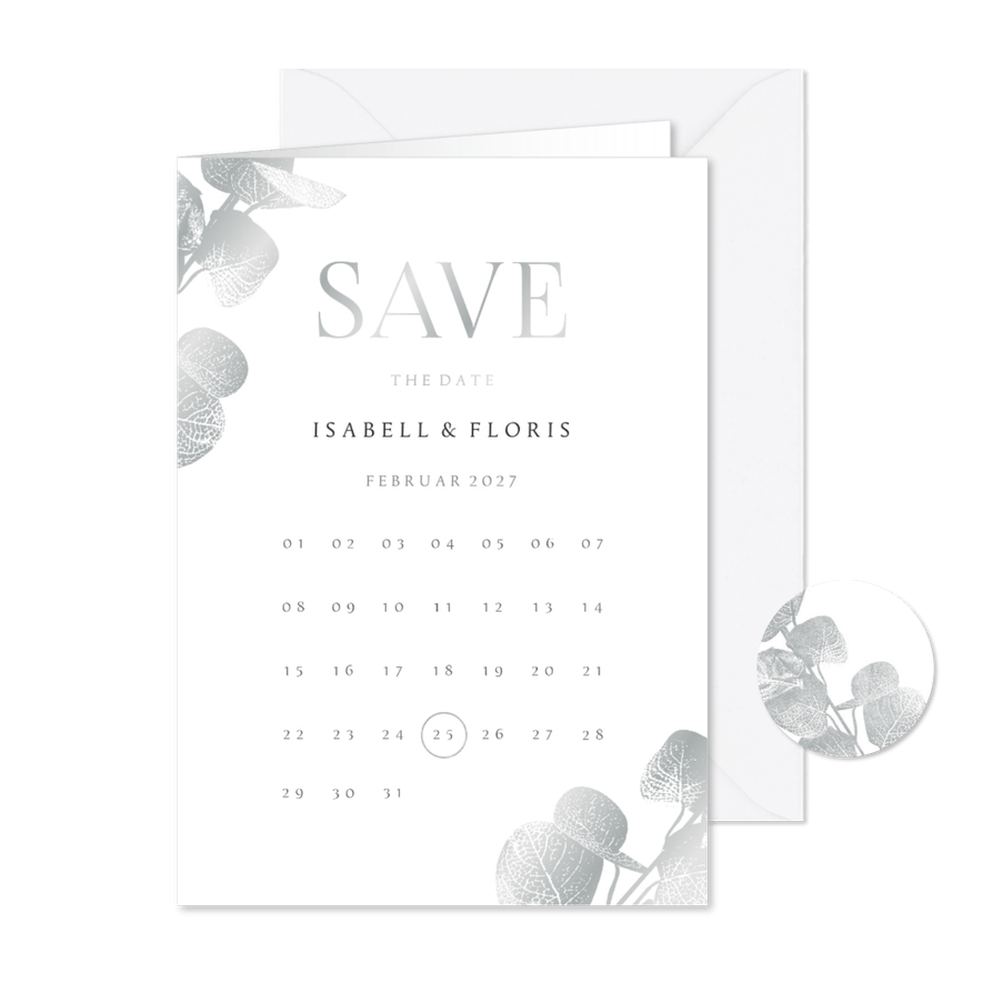 Karte Save-the-Date Eukalyptus Silber - Karteneindruck
