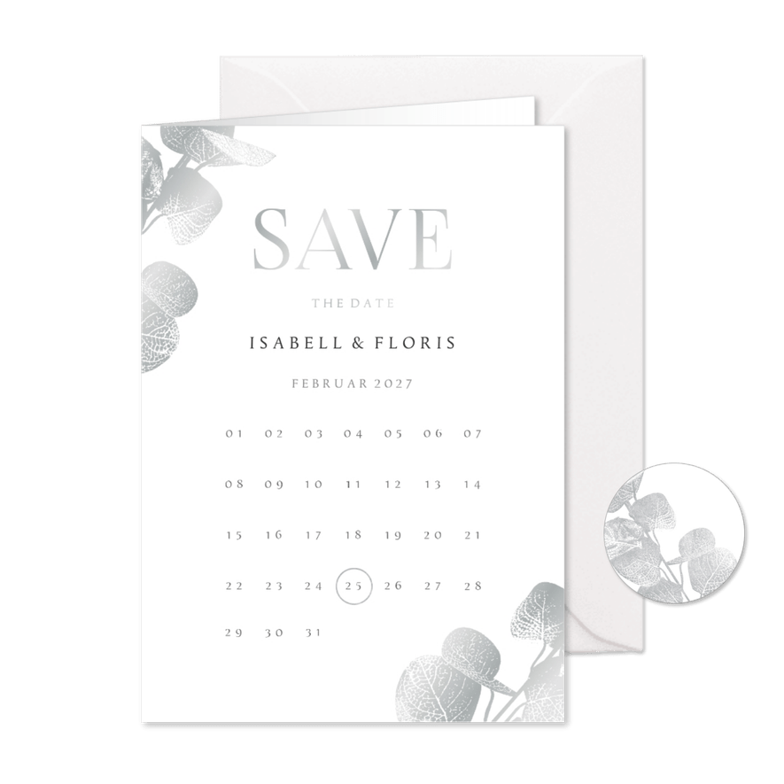 Karte Save-the-Date Eukalyptus Silber - Karteneindruck
