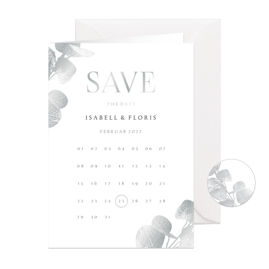 Karte Save-the-Date Eukalyptus Silber - Karteneindruck
