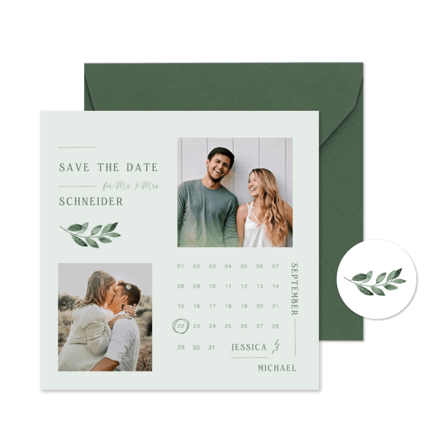 Karte 'Save the Date' Fotos, grüner Zweig & Kalender - Kartenvorschau