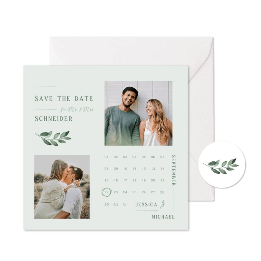 Karte 'Save the Date' Fotos, grüner Zweig & Kalender - Karteneindruck
