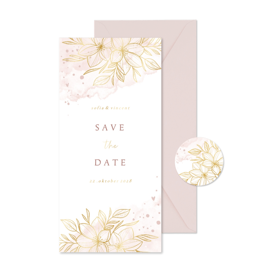 Karte 'Save the Date' Goldblumen auf Aquarell - Kartenvorschau
