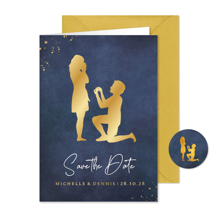 Karte 'Save the Date' Paar Heiratsantrag Scherenschnitt gold - Karteneindruck