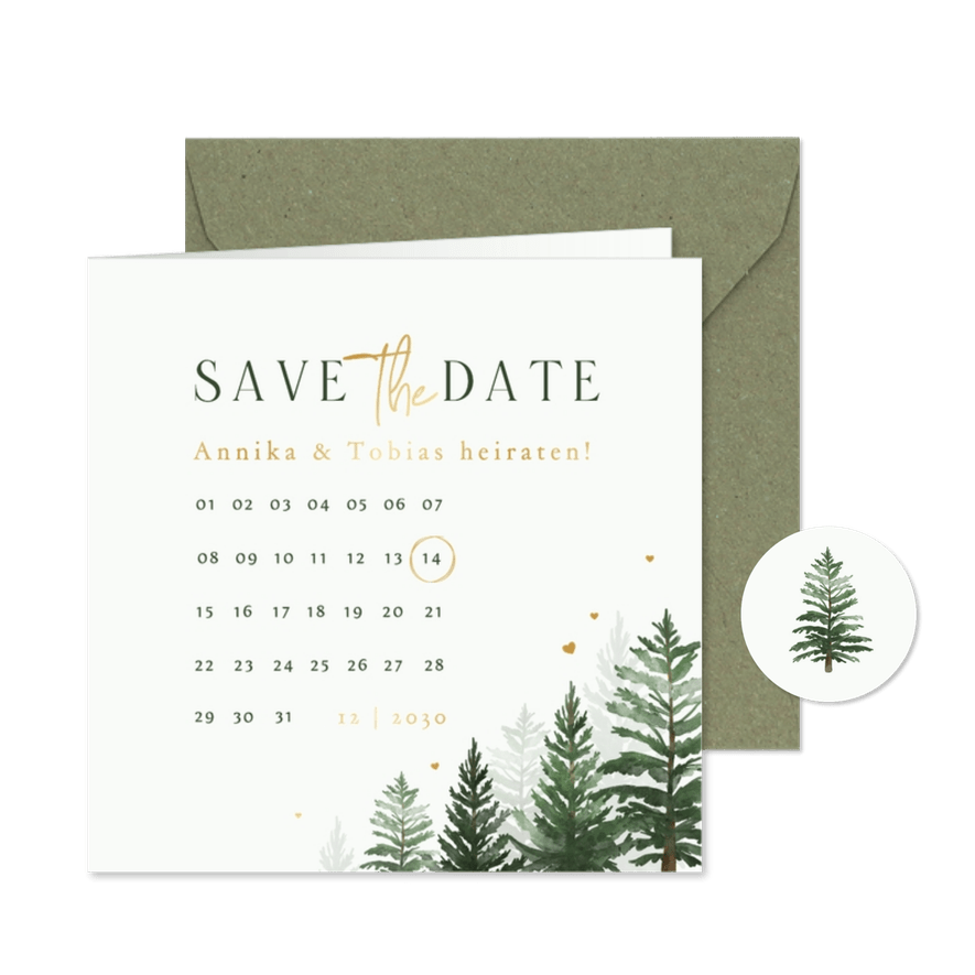 Karte Save-the-Date Winterhochzeit Tannenwald - Kartenvorschau