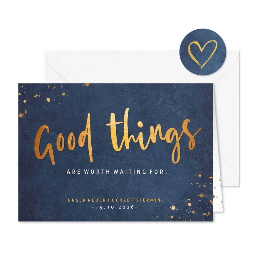 Karte Terminänderung Hochzeit Good things - Karteneindruck
