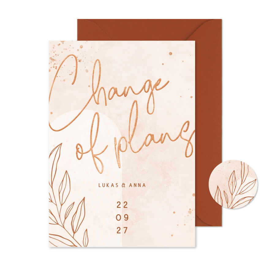 Karte Terminänderung Hochzeit rosé filigraner Zweig - Kartenvorschau