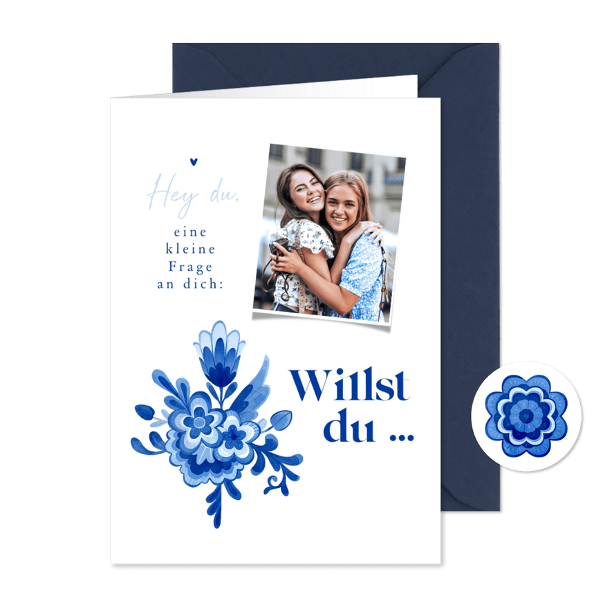 Karte Trauzeuge/Trauzeugin fragen Delfter Blau Blumendekor - Karteneindruck