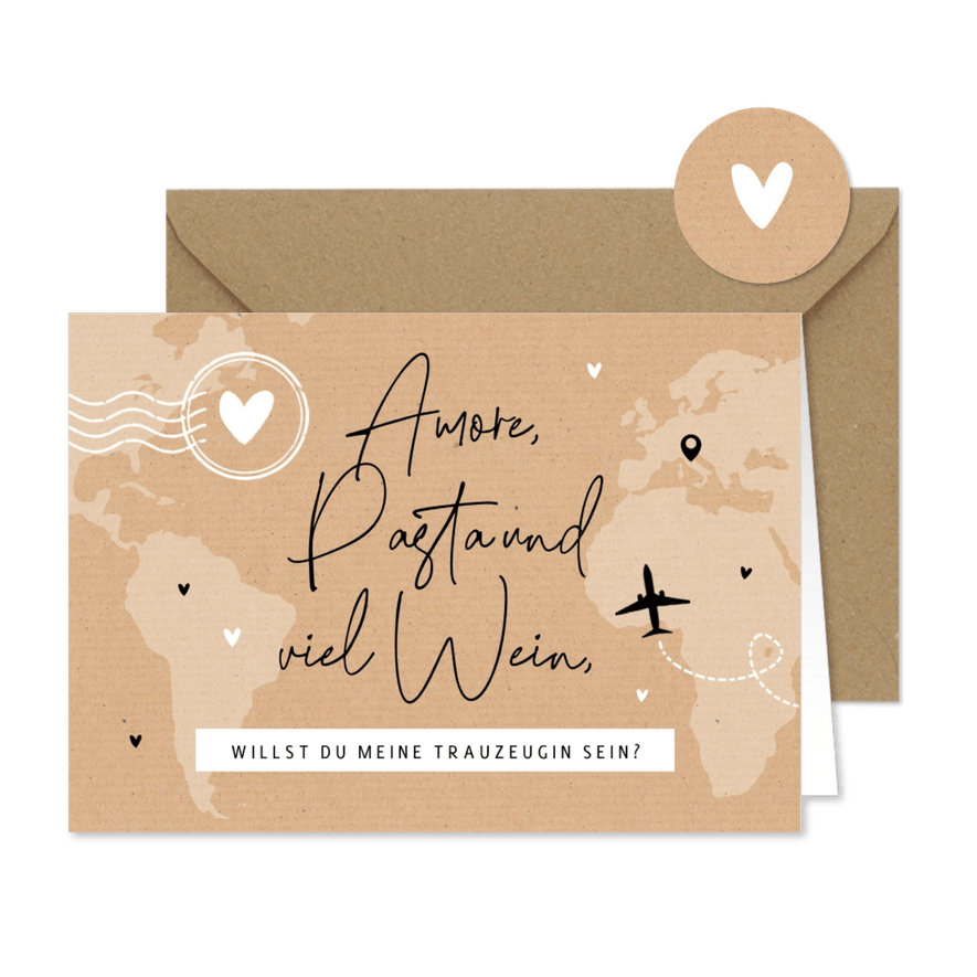 Karte Trauzeugin Hochzeit fragen Kraftpapier Weltreise - Karteneindruck
