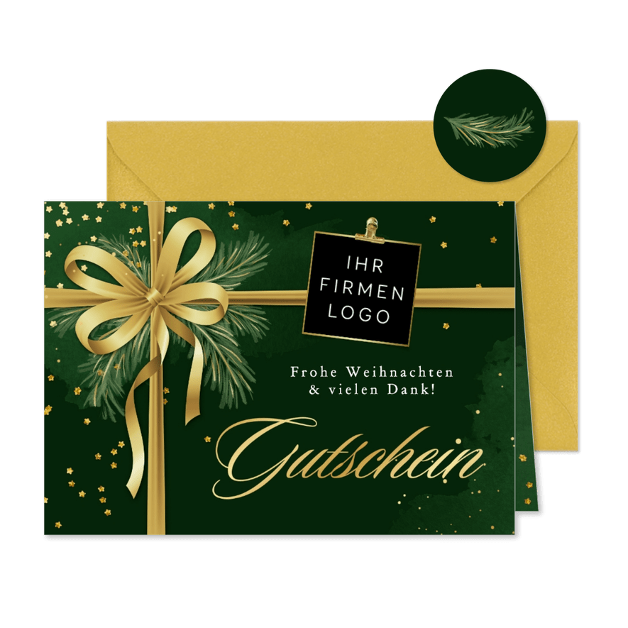 Karte Weihnachtsgutschein Goldschrift mit Schleife - Kartenvorschau