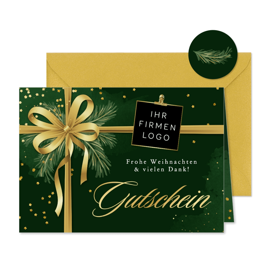 Karte Weihnachtsgutschein Goldschrift mit Schleife - Karteneindruck