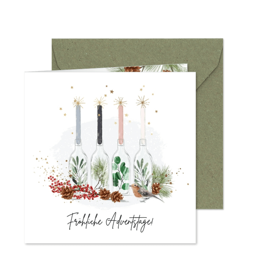 Karte zur Adventszeit vier Kerzen in Flaschen - Karteneindruck
