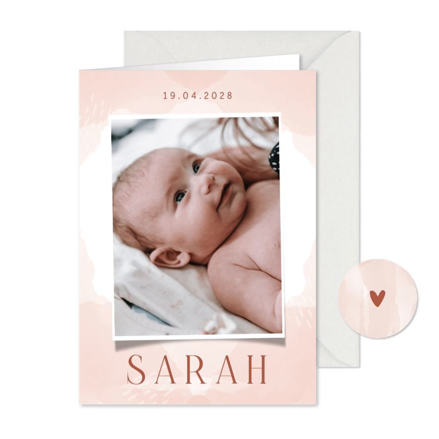 Karte zur Geburt mit korallfarbener Wasserfarbe & Fotos - Karteneindruck