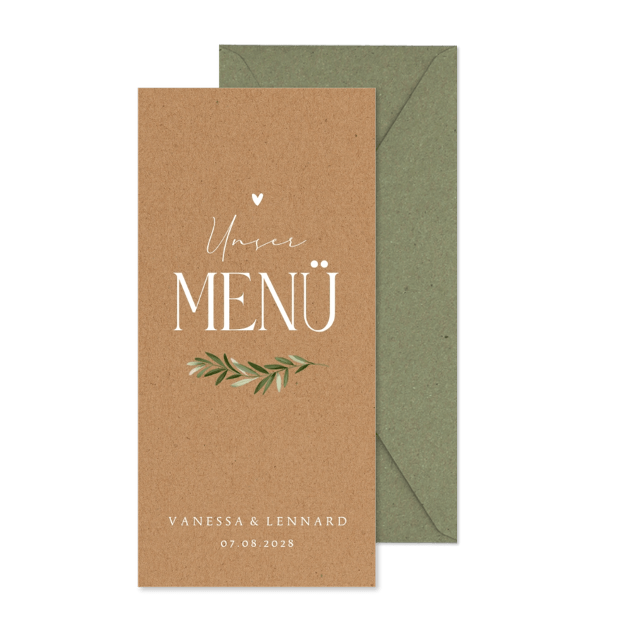 Karte zur Hochzeit 'Unser Menü' Zweig auf Kraftpapier - Karteneindruck
