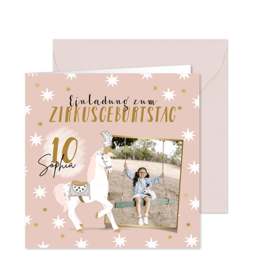 Kindergburtstagseinladung 10 Jahre Foto & Zirkuspferd - Karteneindruck
