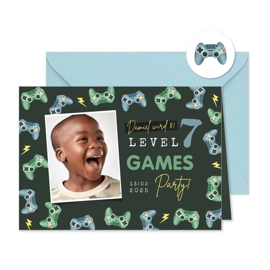 Kindergeburtstag 7 Jahre Einladung Gamingparty - Karteneindruck
