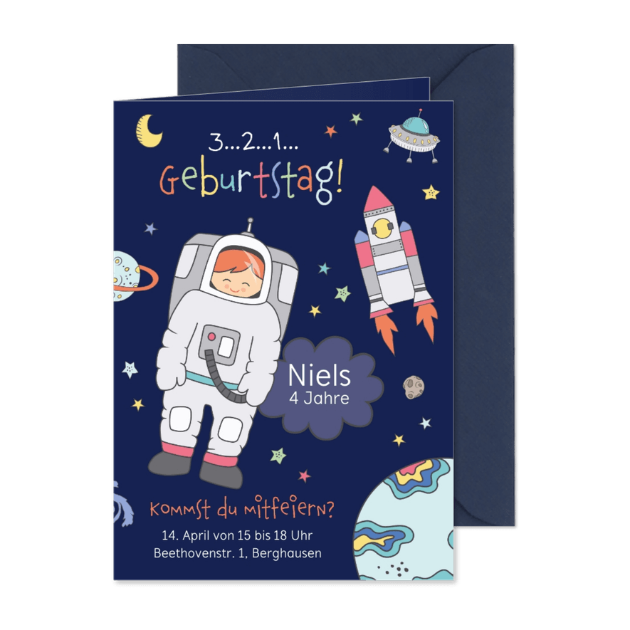 Kindergeburtstag Einladung Astronaut im Weltall 4 Jahre - Karteneindruck