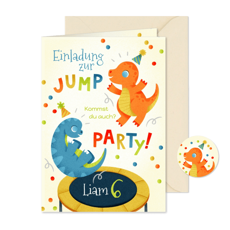 Kindergeburtstag Einladung Dinos auf Trampolin 6. Geburtstag - Karteneindruck
