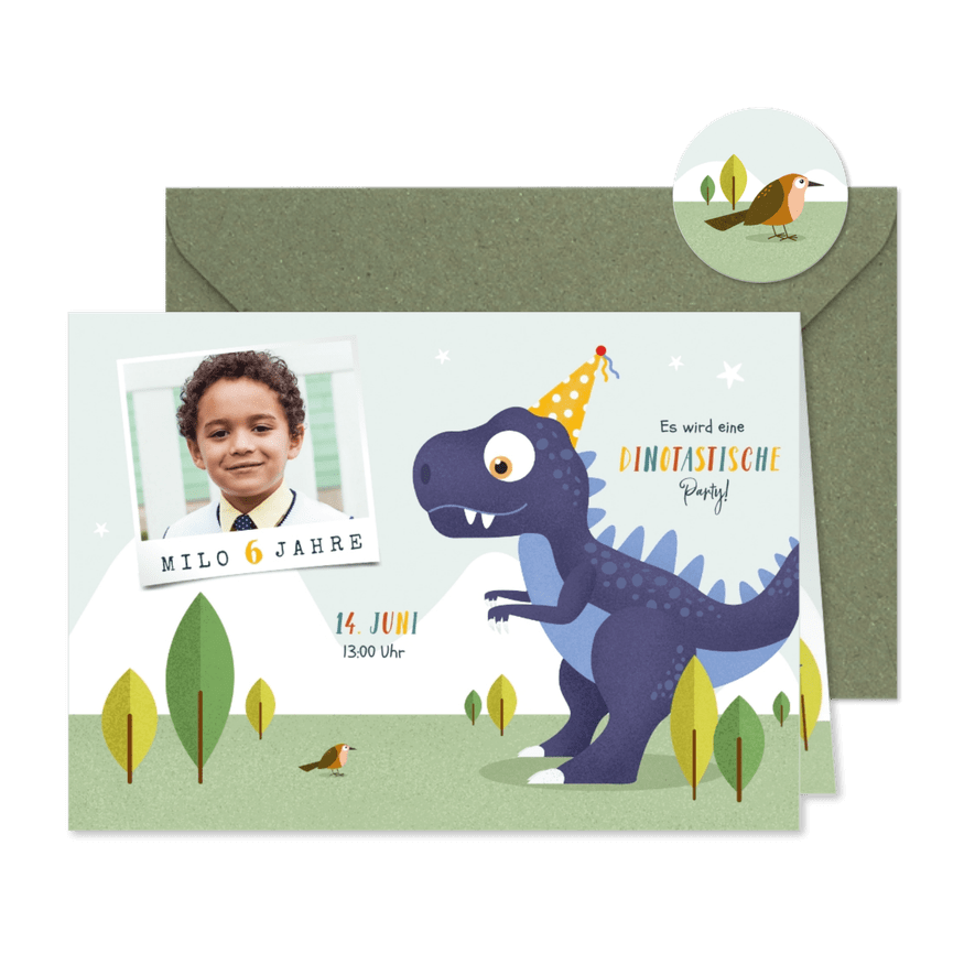 Kindergeburtstag Einladung Dinosaurier, Vogel & Foto - Karteneindruck