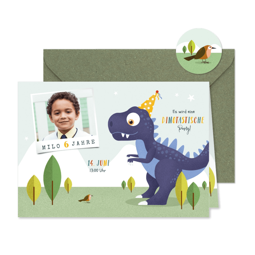 Kindergeburtstag Einladung Dinosaurier, Vogel & Foto - Karteneindruck
