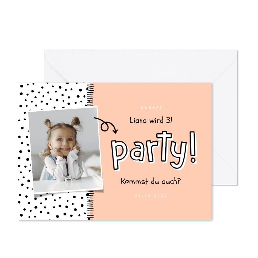 Kindergeburtstag Einladung eigenes Foto, Punkte und 'Party!' - Karteneindruck
