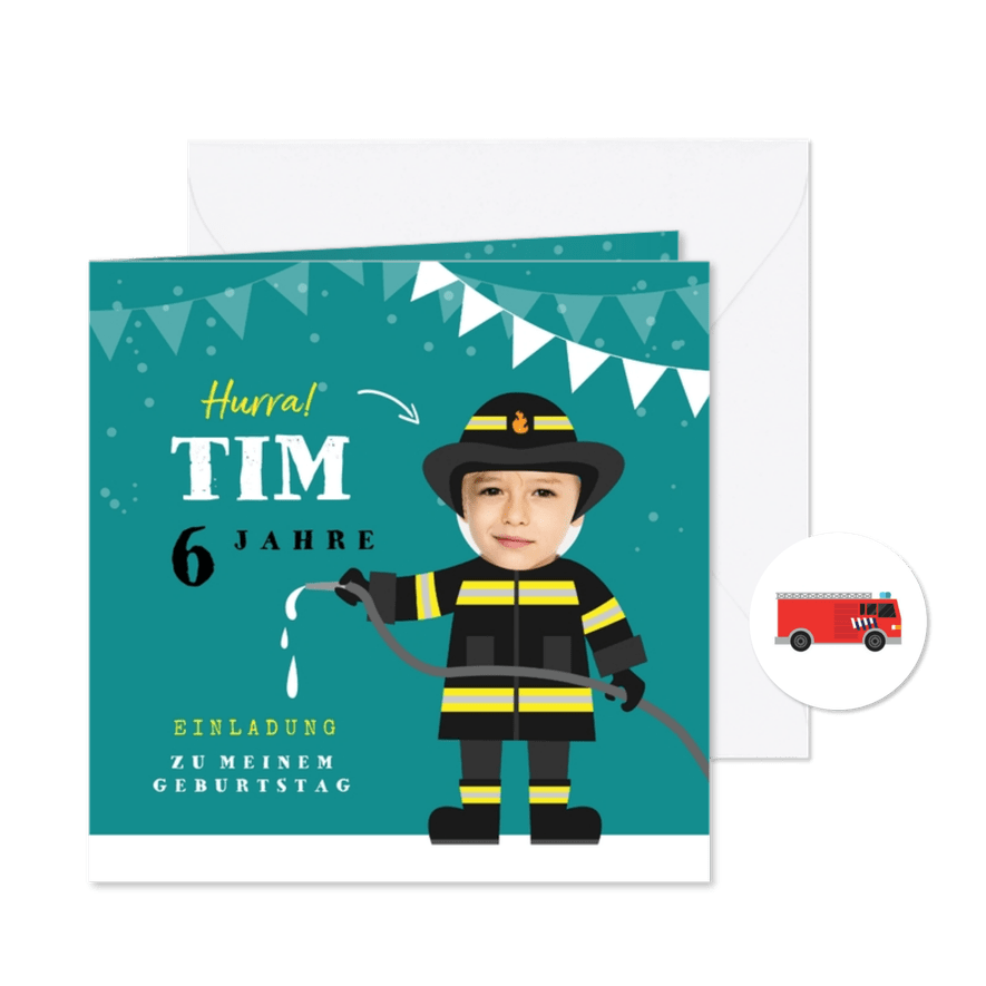 Kindergeburtstag-Einladung Feuerwehrmann 6 Jahre - Karteneindruck
