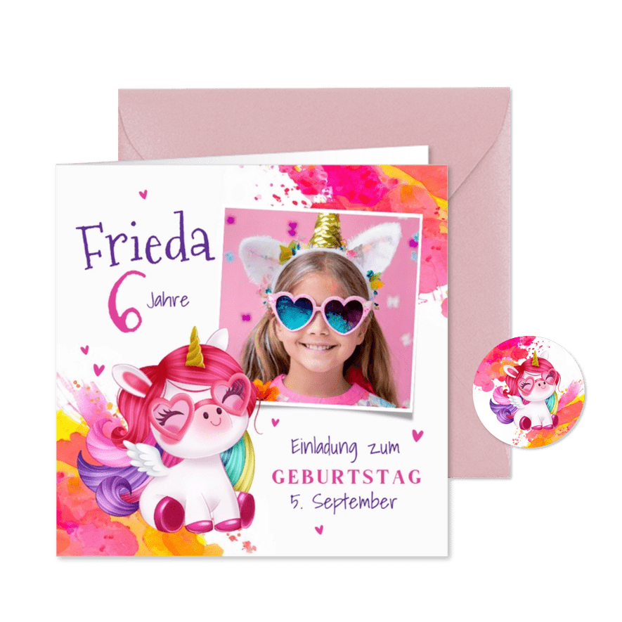 Kindergeburtstag Einladung Foto & buntes Einhorn mit Brille - Karteneindruck